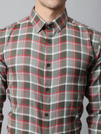 Jainish Men's Olive and Red Checks Regular Fit Cotton Formal Shirt | Grocsy