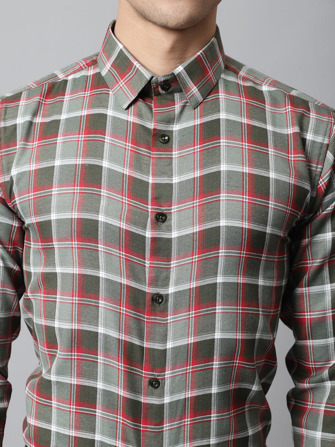 Jainish Men's Olive and Red Checks Regular Fit Cotton Formal Shirt | Grocsy