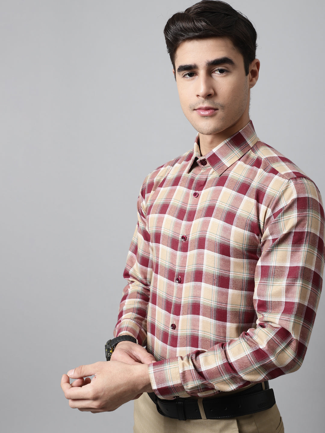 Jainish Men's Red and Beige Checks Regular Fit Cotton Formal Shirt | Grocsy