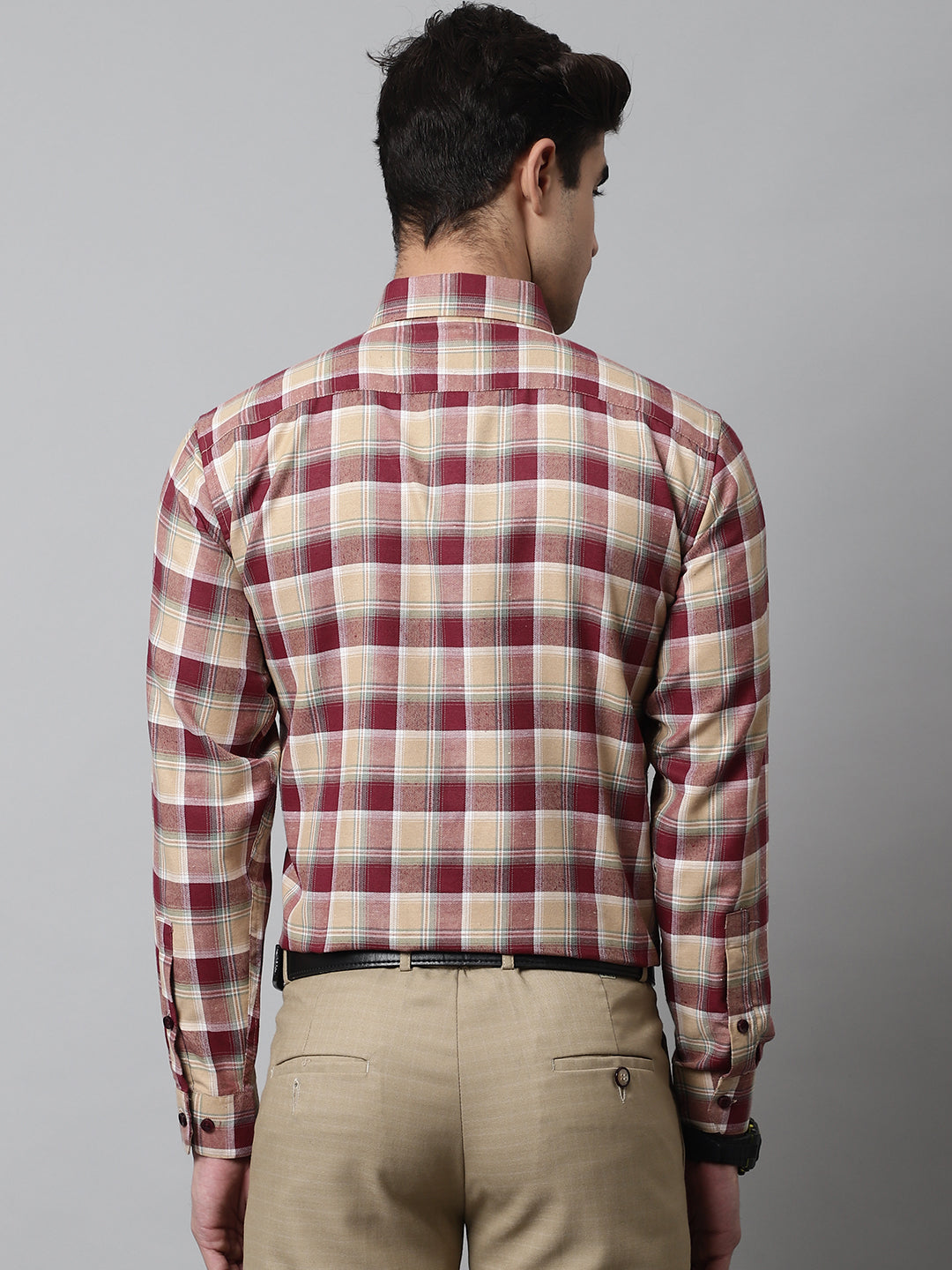Jainish Men's Red and Beige Checks Regular Fit Cotton Formal Shirt | Grocsy