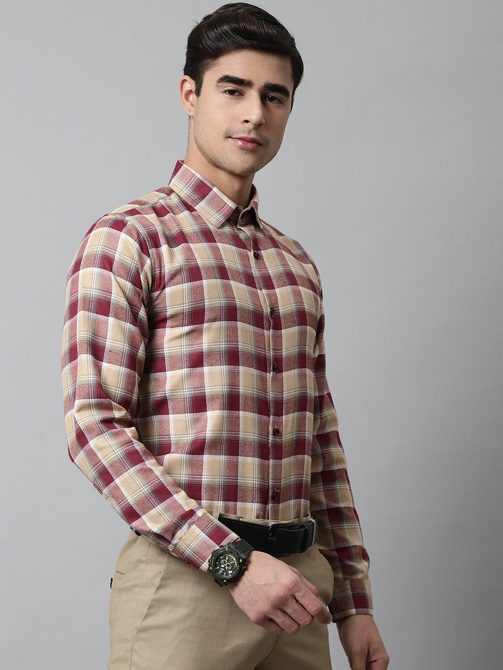 Jainish Men's Red and Beige Checks Regular Fit Cotton Formal Shirt | Grocsy