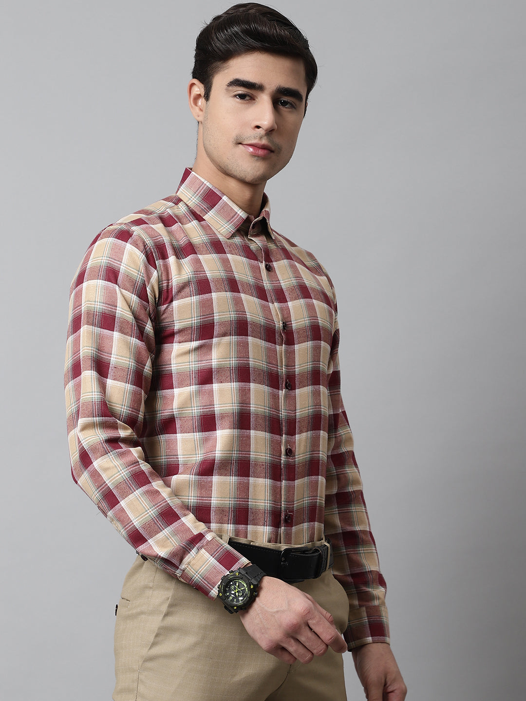 Jainish Men's Red and Beige Checks Regular Fit Cotton Formal Shirt | Grocsy