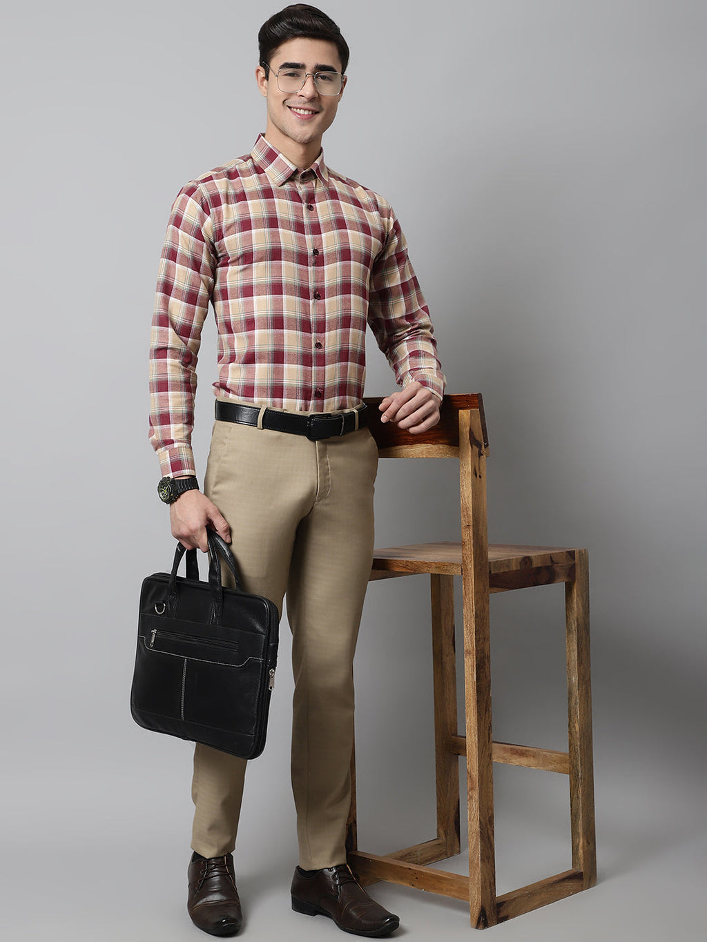 Jainish Men's Red and Beige Checks Regular Fit Cotton Formal Shirt | Grocsy