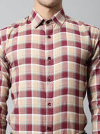Jainish Men's Red and Beige Checks Regular Fit Cotton Formal Shirt | Grocsy
