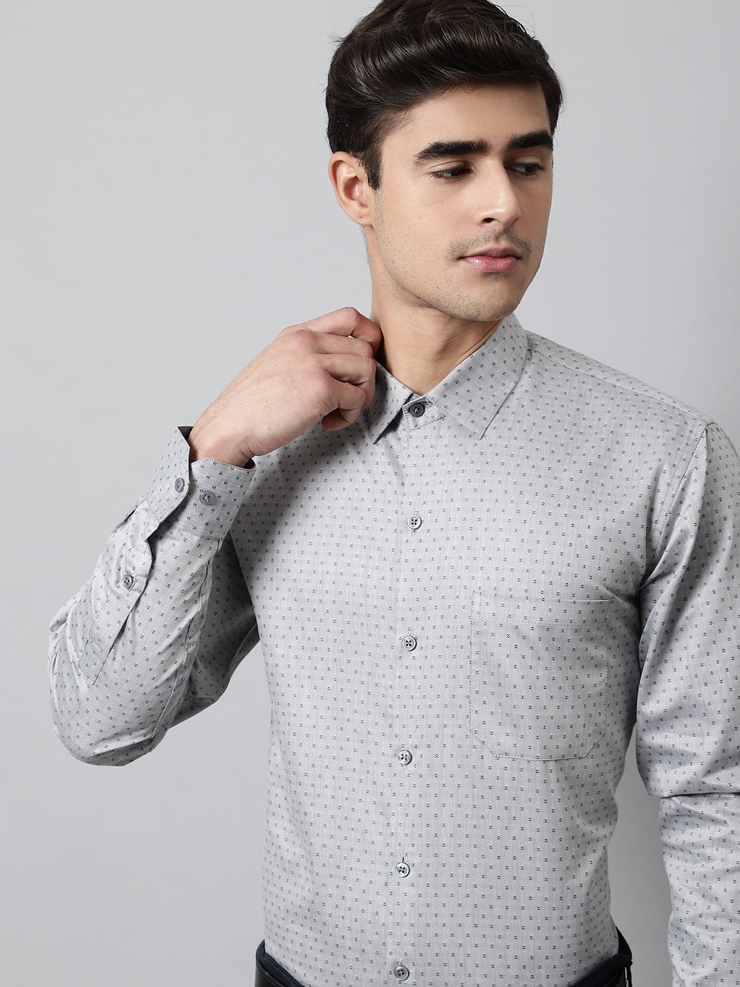 Jainish Men's Grey Micro Ditsy Printed Pure Cotton Formal Shirt | Grocsy