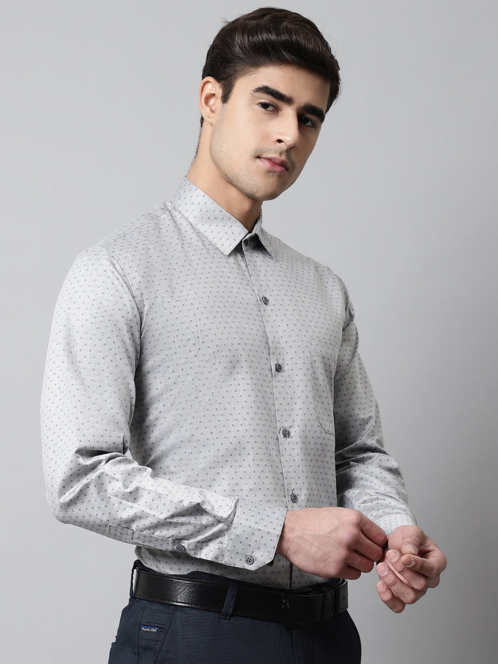 Jainish Men's Grey Micro Ditsy Printed Pure Cotton Formal Shirt | Grocsy