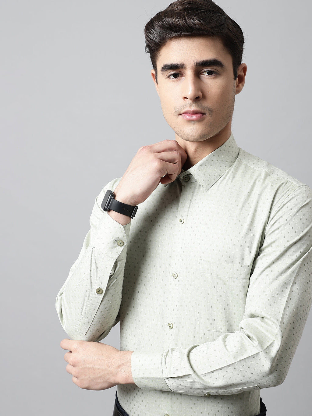 Jainish Men's Pista Green Micro Ditsy Printed Pure Cotton Formal Shirt | Grocsy