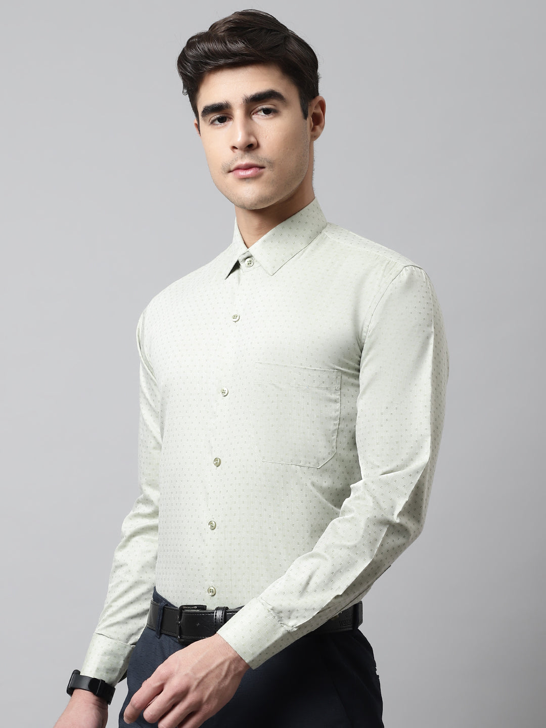 Jainish Men's Pista Green Micro Ditsy Printed Pure Cotton Formal Shirt | Grocsy