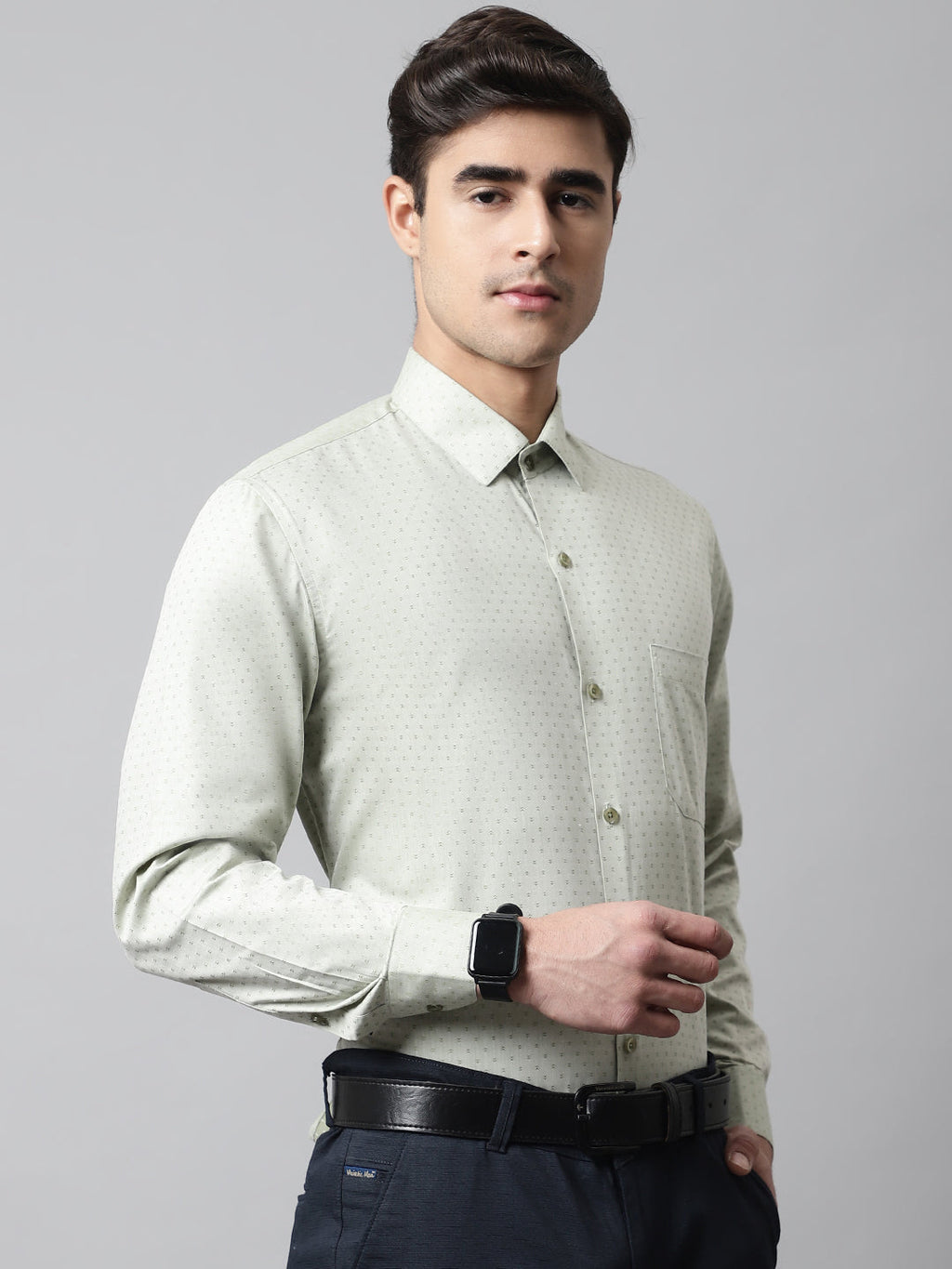 Jainish Men's Pista Green Micro Ditsy Printed Pure Cotton Formal Shirt | Grocsy