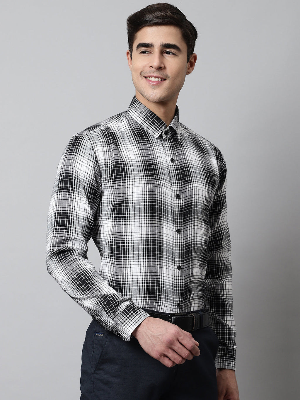 Jainish Men's Black Checks Regular Fit Cotton Formal Shirt | Grocsy