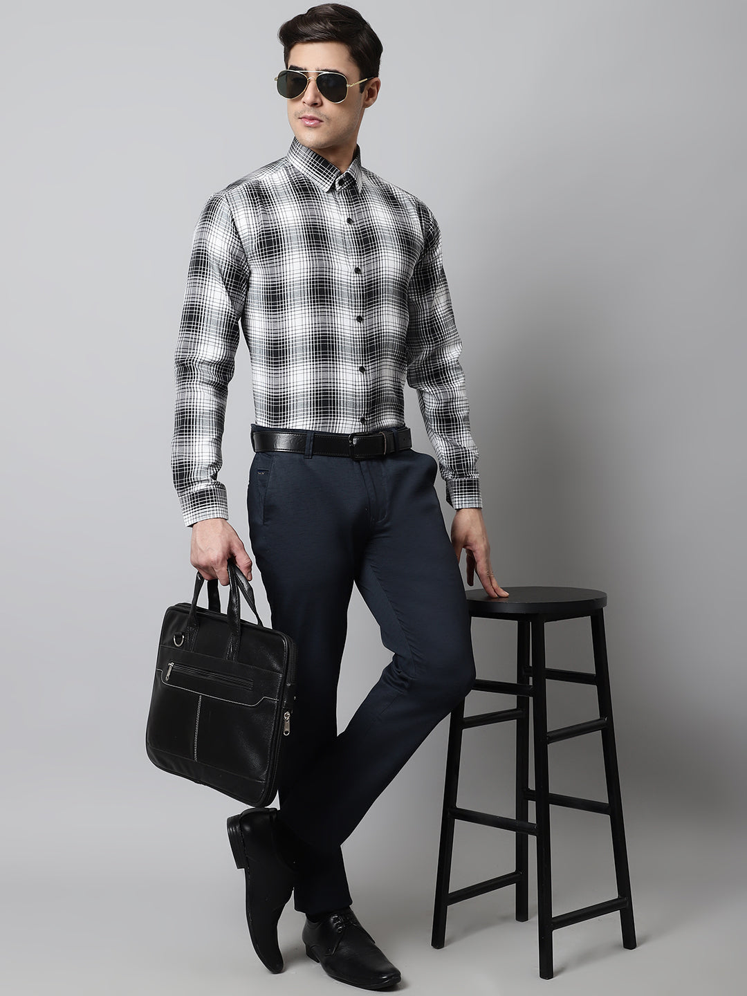 Jainish Men's Black Checks Regular Fit Cotton Formal Shirt | Grocsy