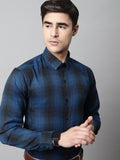Jainish Men's Peacock Blue Checks Regular Fit Cotton Formal Shirt | Grocsy