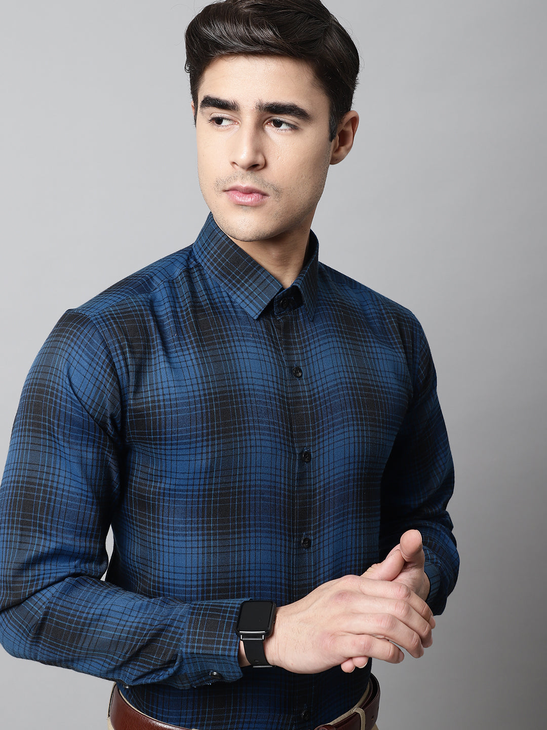 Jainish Men's Peacock Blue Checks Regular Fit Cotton Formal Shirt | Grocsy