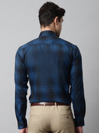 Jainish Men's Peacock Blue Checks Regular Fit Cotton Formal Shirt | Grocsy
