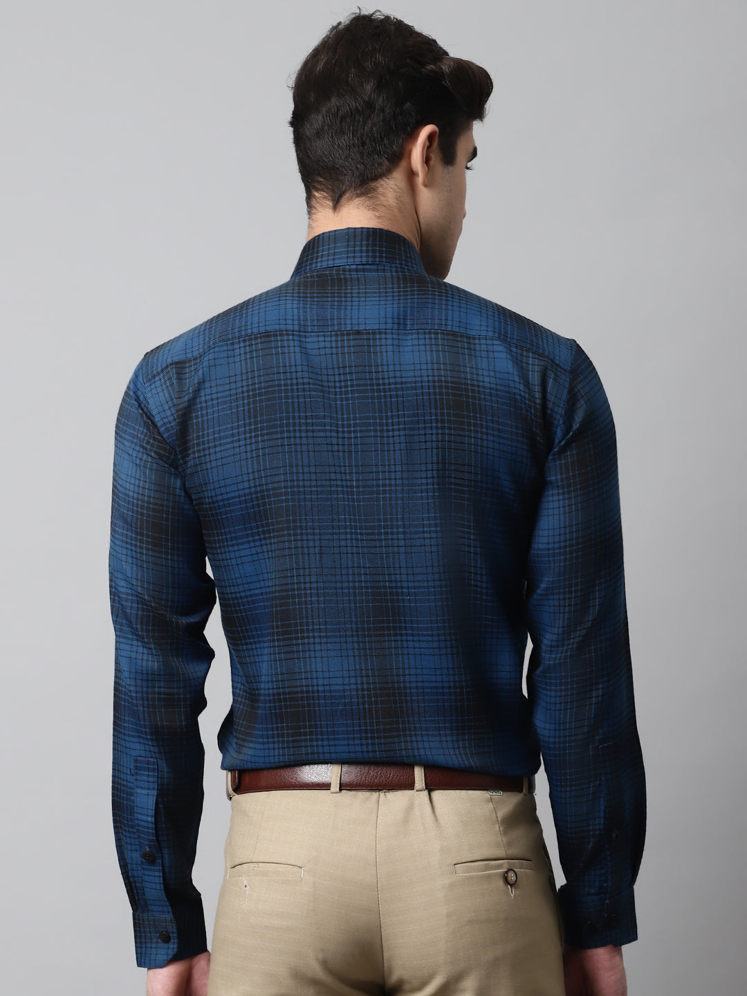 Jainish Men's Peacock Blue Checks Regular Fit Cotton Formal Shirt | Grocsy