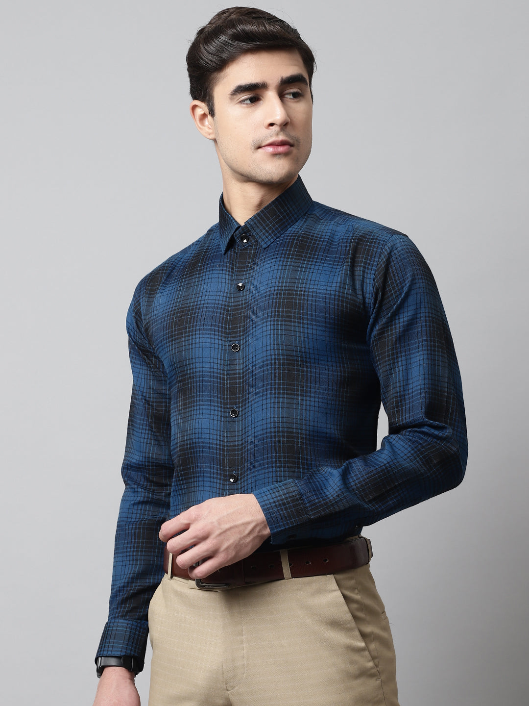Jainish Men's Peacock Blue Checks Regular Fit Cotton Formal Shirt | Grocsy