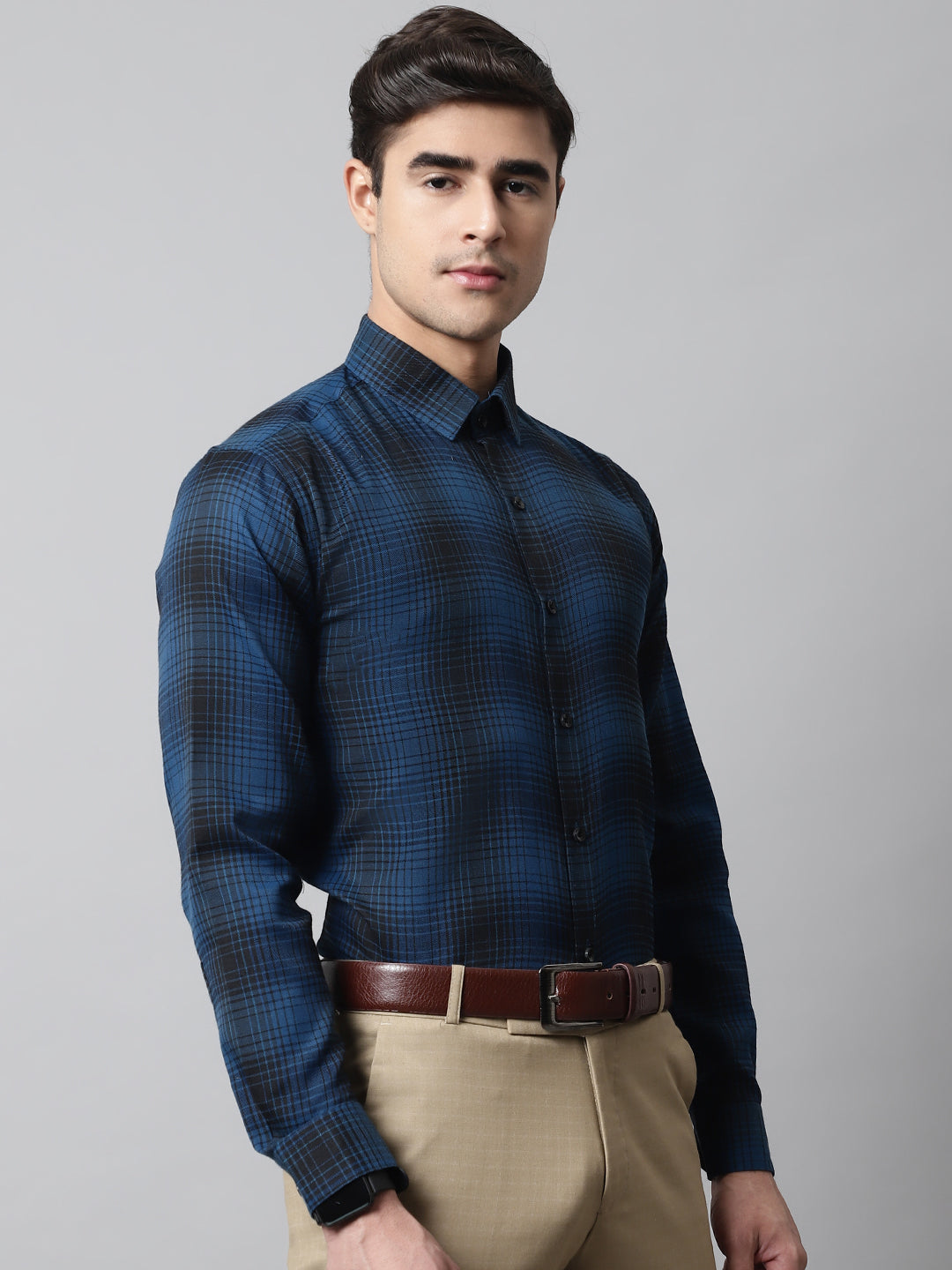 Jainish Men's Peacock Blue Checks Regular Fit Cotton Formal Shirt | Grocsy
