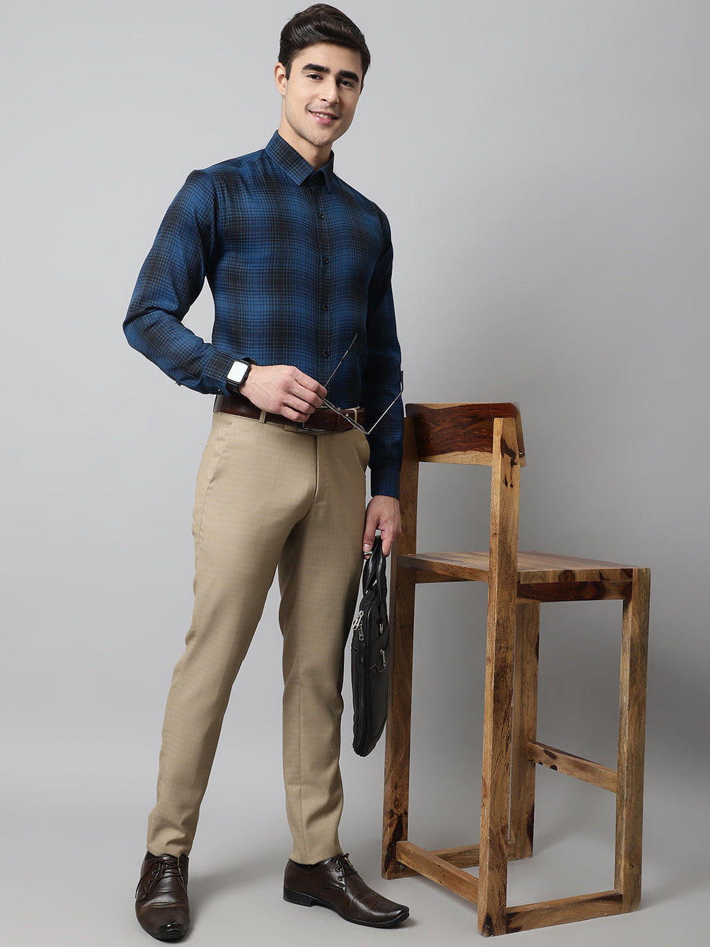 Jainish Men's Peacock Blue Checks Regular Fit Cotton Formal Shirt | Grocsy