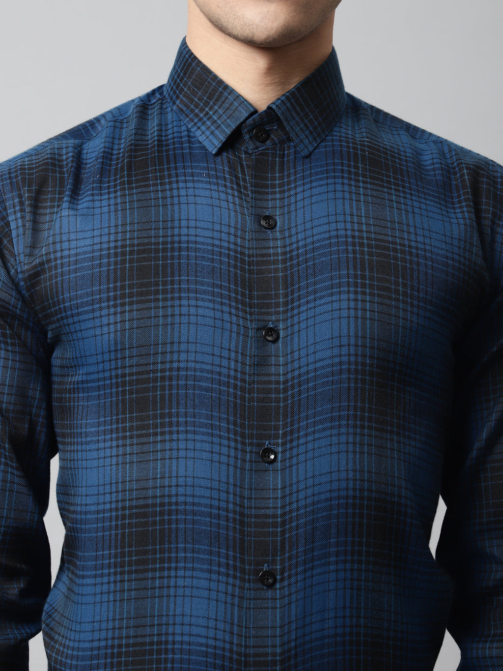 Jainish Men's Peacock Blue Checks Regular Fit Cotton Formal Shirt | Grocsy