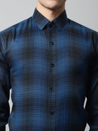 Jainish Men's Peacock Blue Checks Regular Fit Cotton Formal Shirt | Grocsy