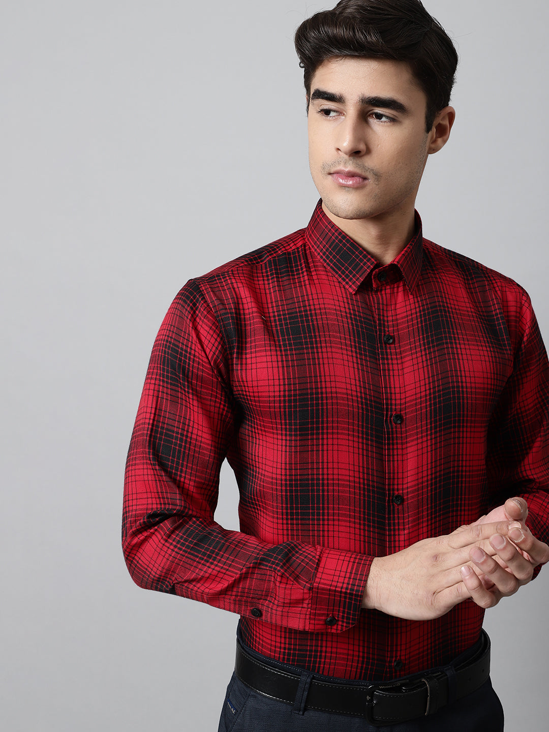Jainish Men's Red Checks Regular Fit Cotton Formal Shirt | Grocsy