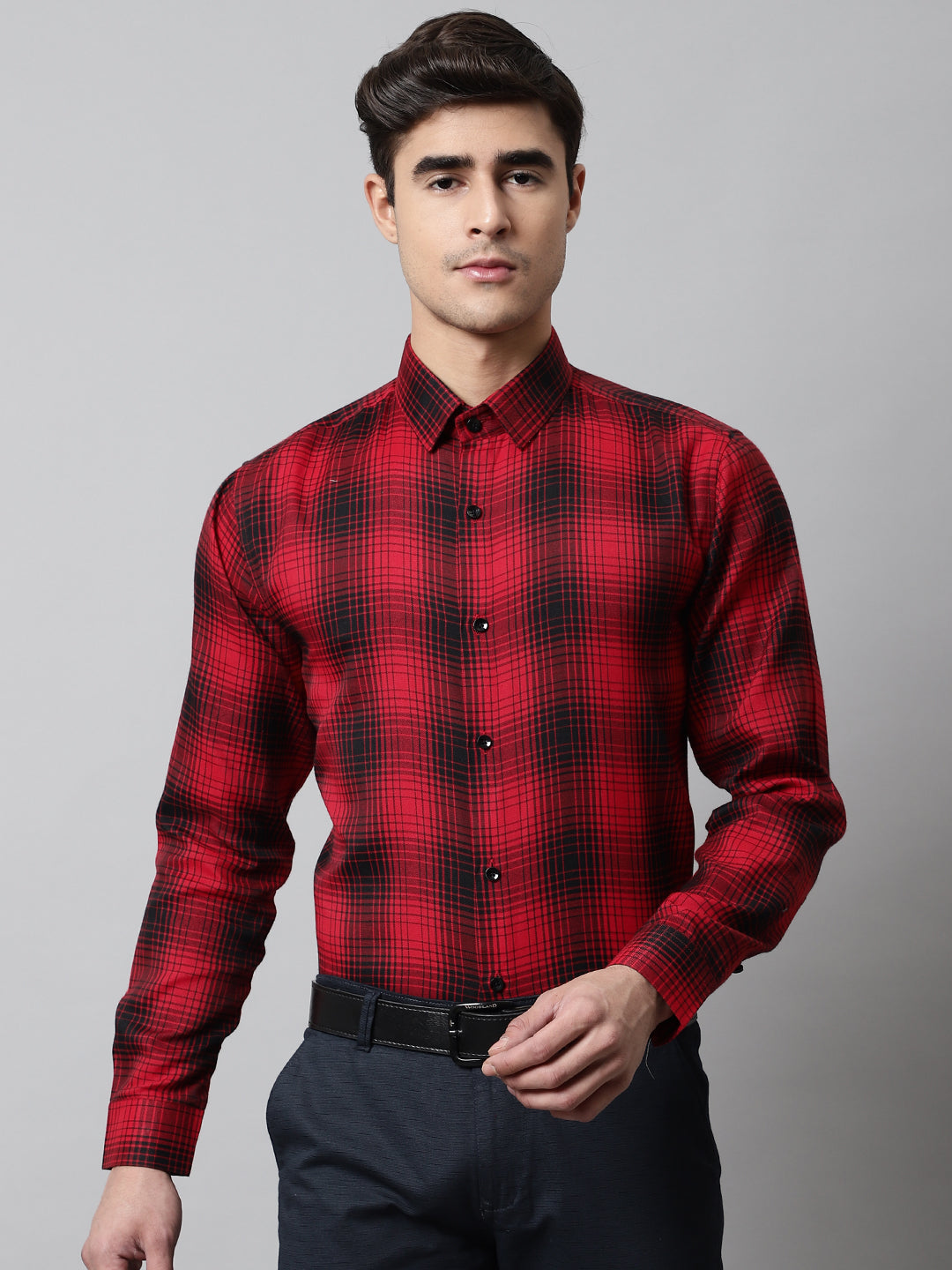Jainish Men's Red Checks Regular Fit Cotton Formal Shirt | Grocsy