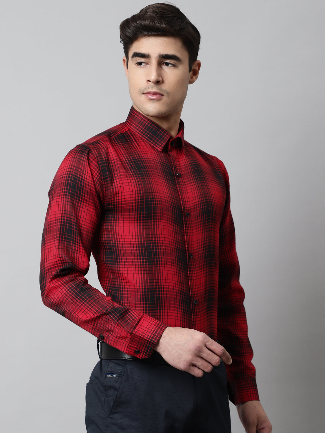 Jainish Men's Red Checks Regular Fit Cotton Formal Shirt | Grocsy