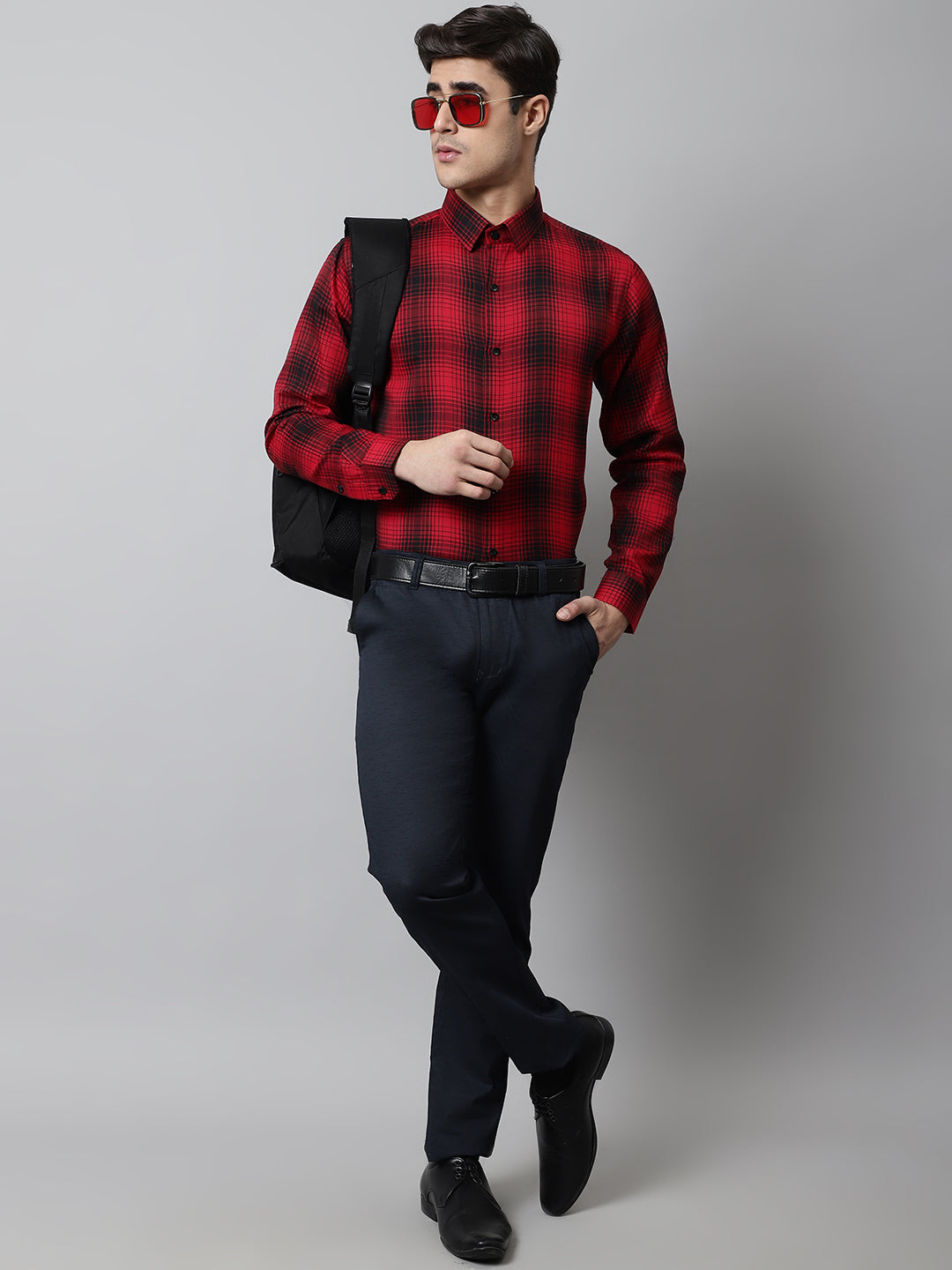 Jainish Men's Red Checks Regular Fit Cotton Formal Shirt | Grocsy