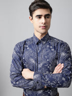 Jainish Men's Navy Blue Classic Printed Formal Shirt | Grocsy