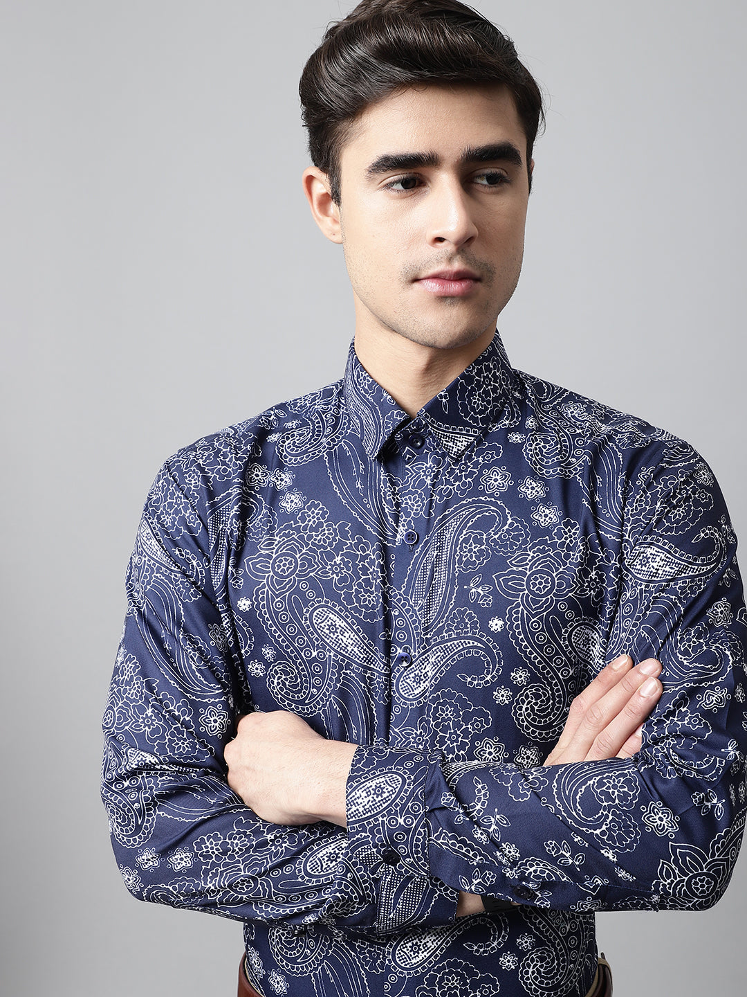 Jainish Men's Navy Blue Classic Printed Formal Shirt | Grocsy