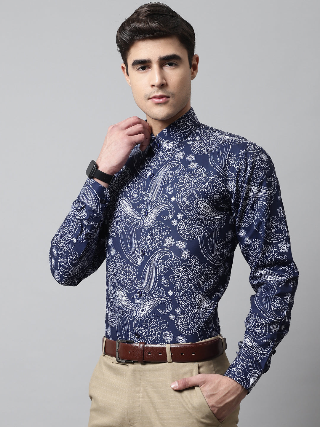Jainish Men's Navy Blue Classic Printed Formal Shirt | Grocsy