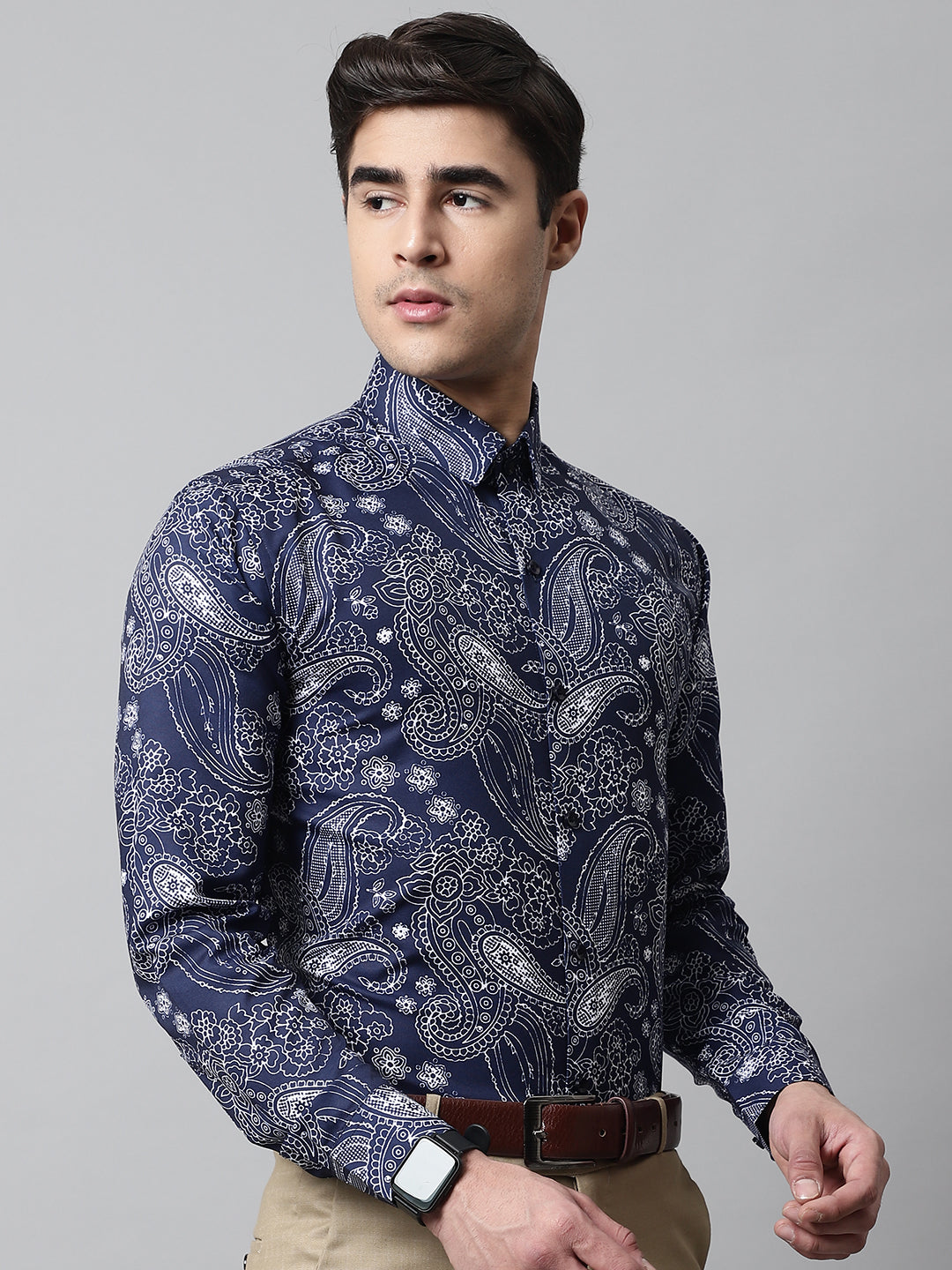 Jainish Men's Navy Blue Classic Printed Formal Shirt | Grocsy