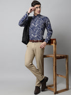 Jainish Men's Navy Blue Classic Printed Formal Shirt | Grocsy