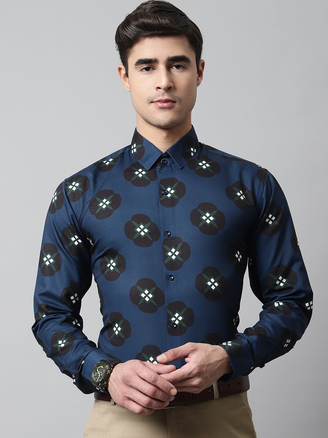 Jainish Men's Blue Classic Printed Formal Shirt | Grocsy