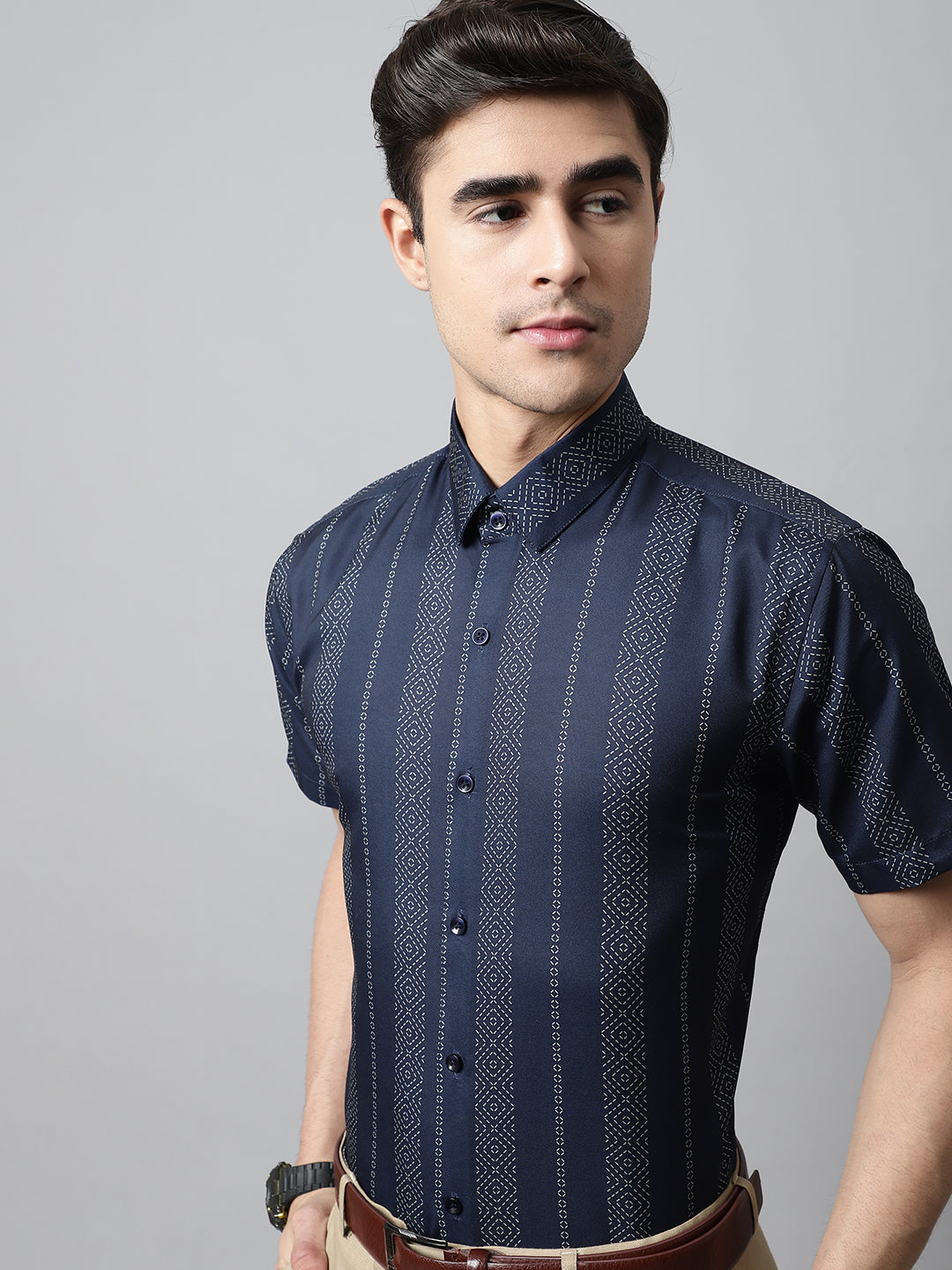 Jainish Men's Navy Blue Classic Printed Formal Shirt | Grocsy