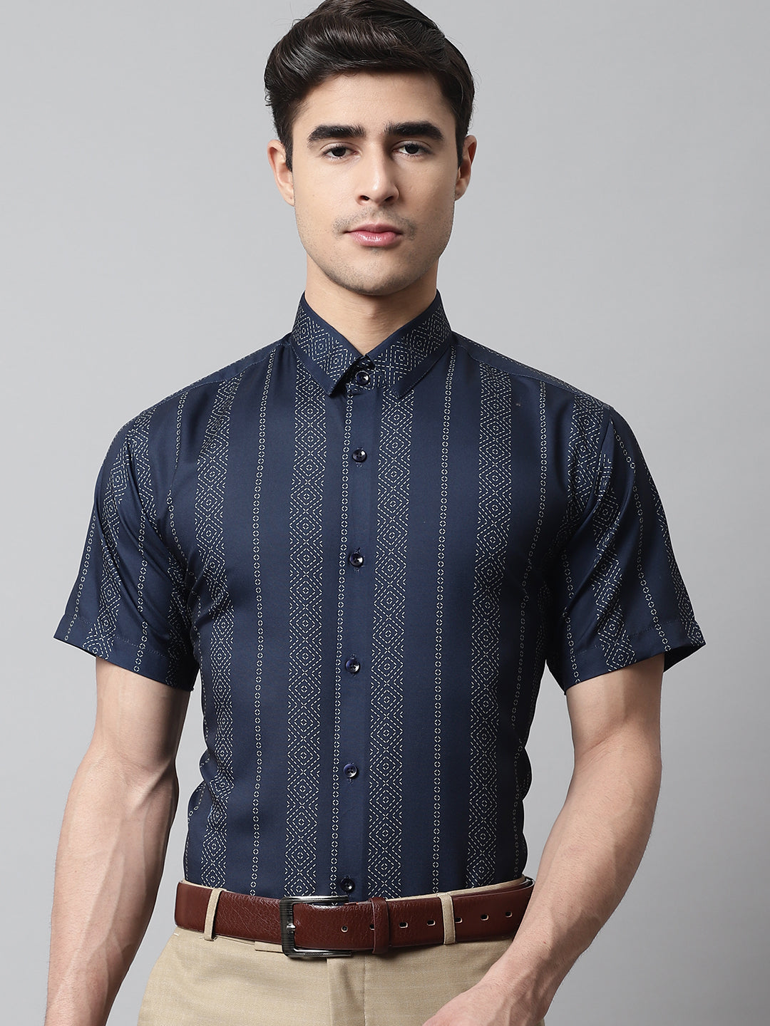 Jainish Men's Navy Blue Classic Printed Formal Shirt | Grocsy