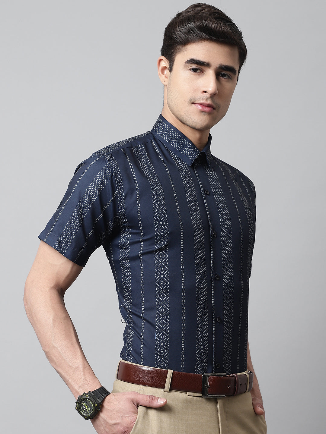 Jainish Men's Navy Blue Classic Printed Formal Shirt | Grocsy