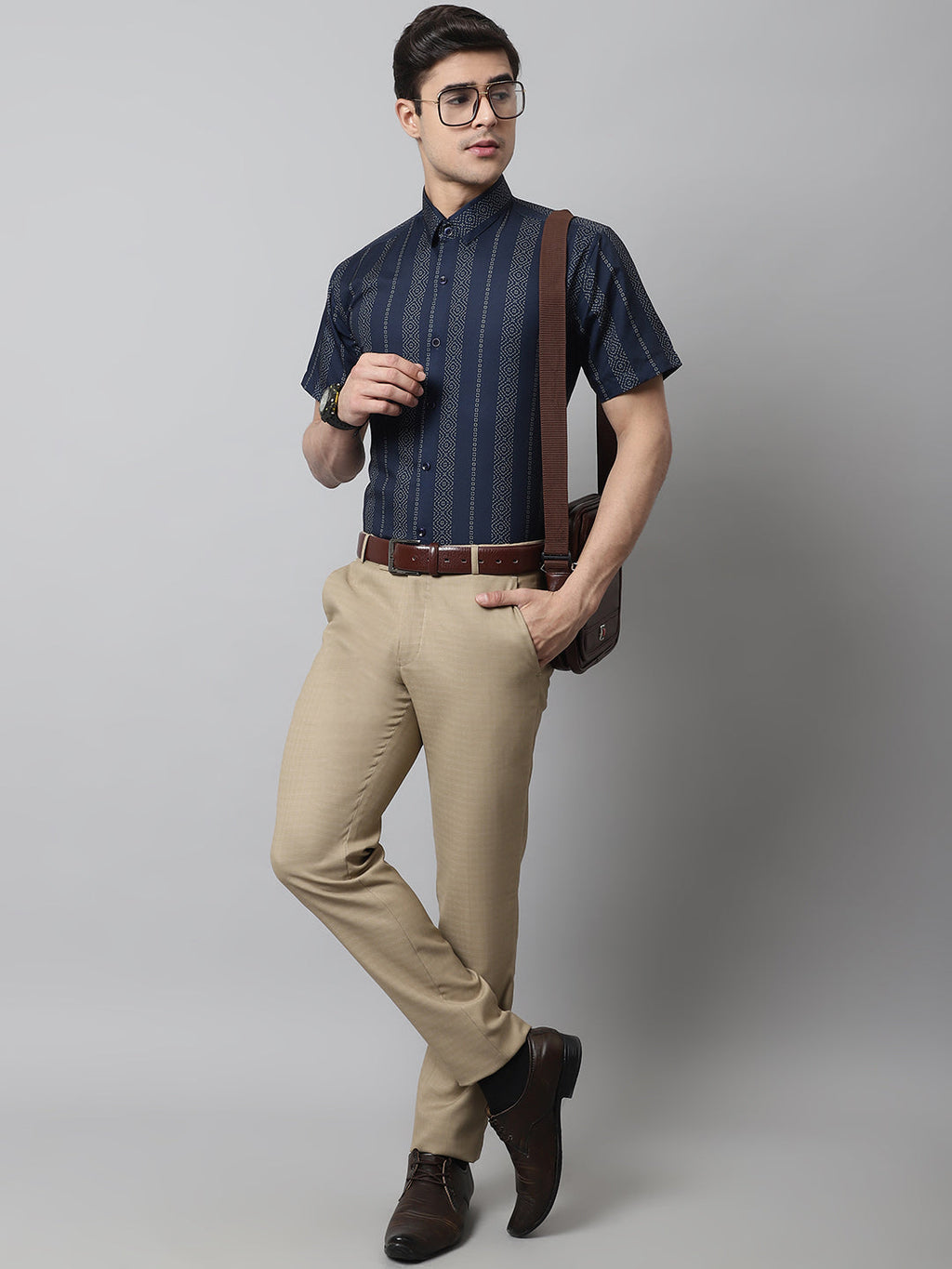 Jainish Men's Navy Blue Classic Printed Formal Shirt | Grocsy
