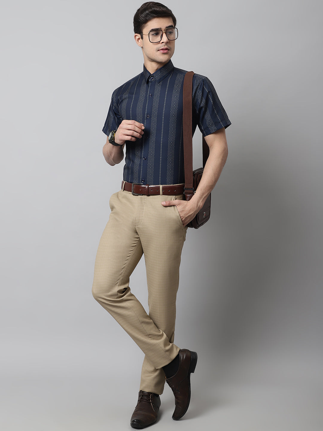 Jainish Men's Navy Blue Classic Printed Formal Shirt | Grocsy