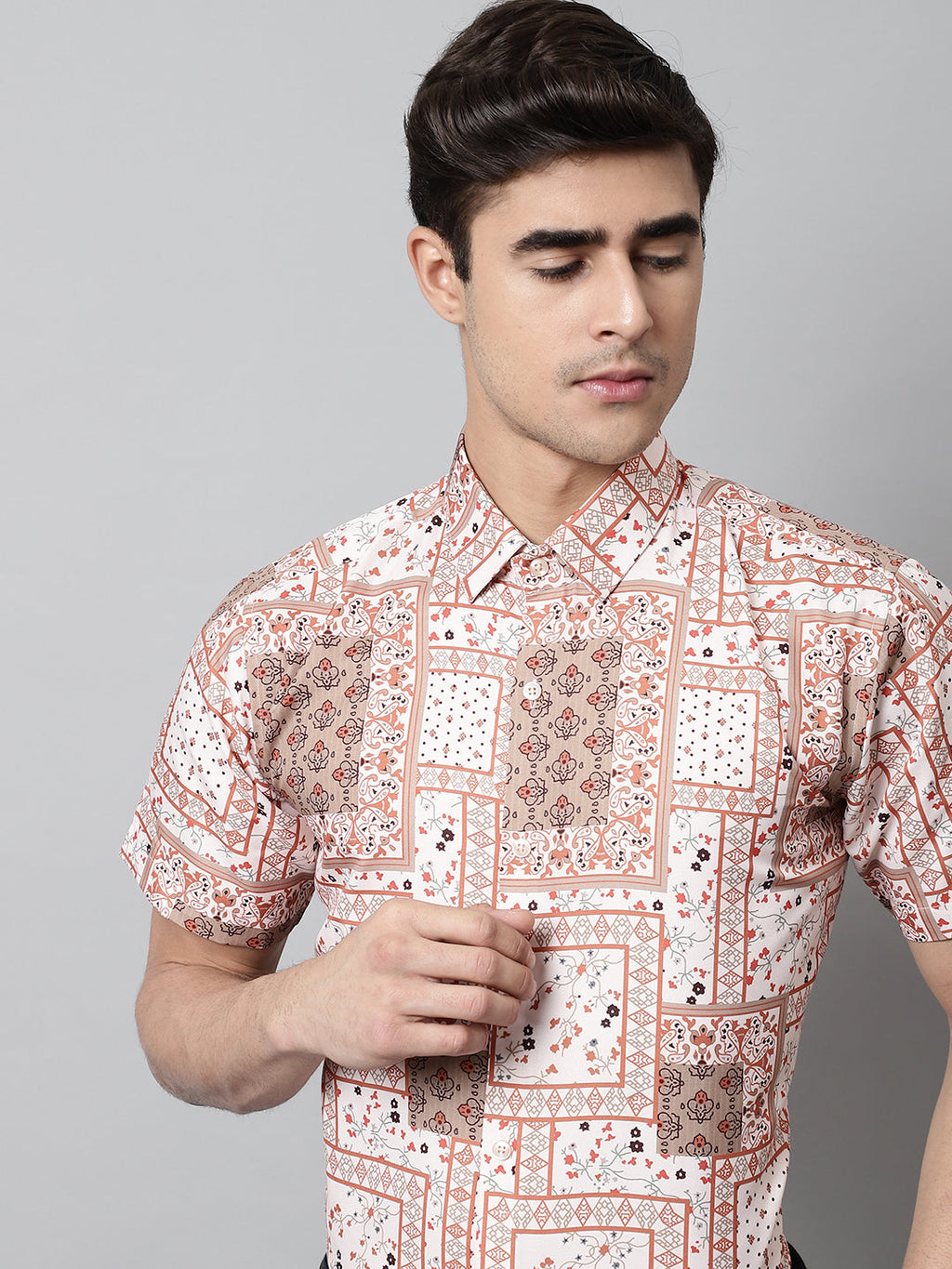 Jainish Men's Peach Classic Printed Formal Shirt - Peach | Grocsy