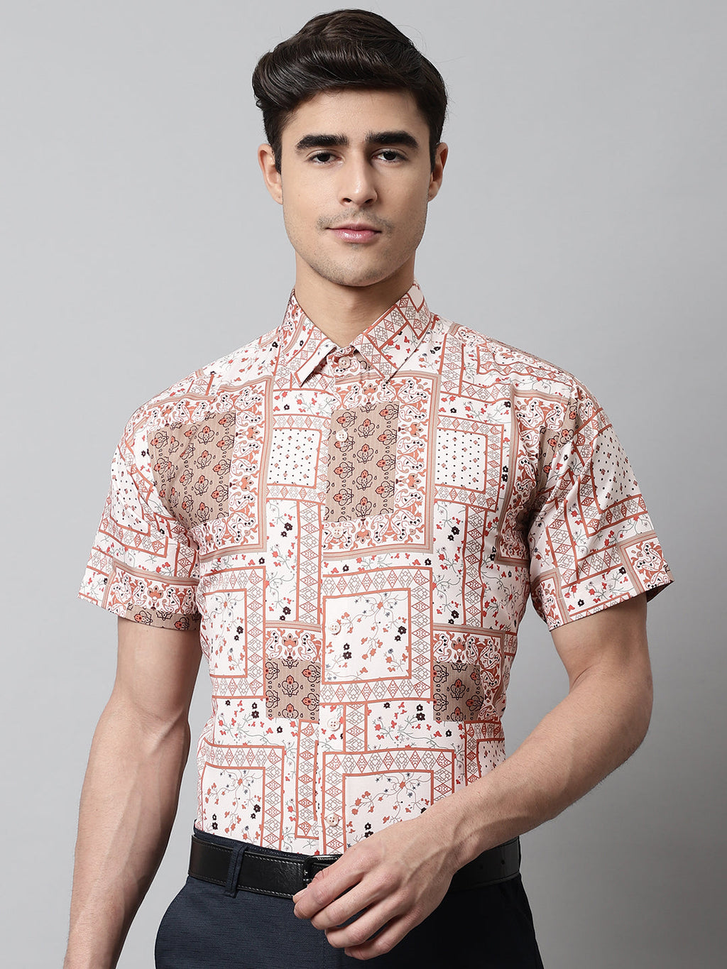Jainish Men's Peach Classic Printed Formal Shirt - Peach | Grocsy