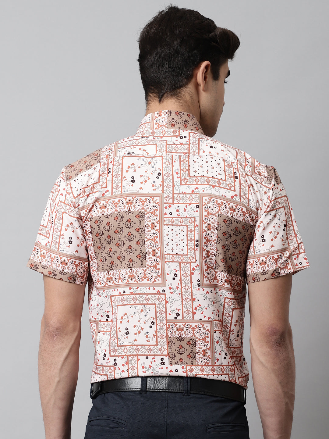 Jainish Men's Peach Classic Printed Formal Shirt - Peach | Grocsy