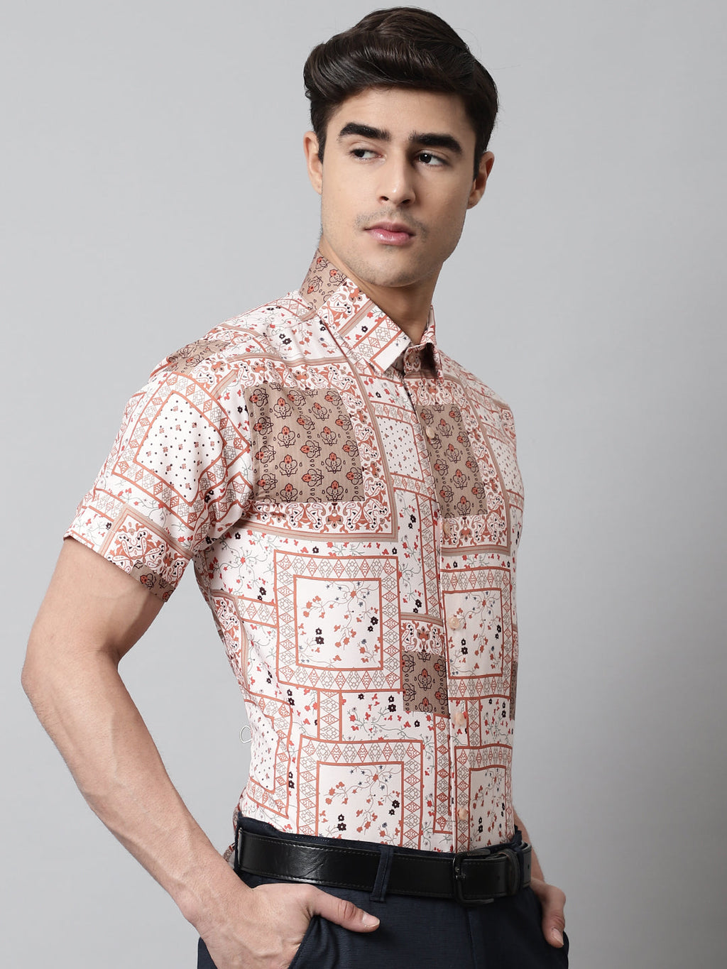 Jainish Men's Peach Classic Printed Formal Shirt - Peach | Grocsy