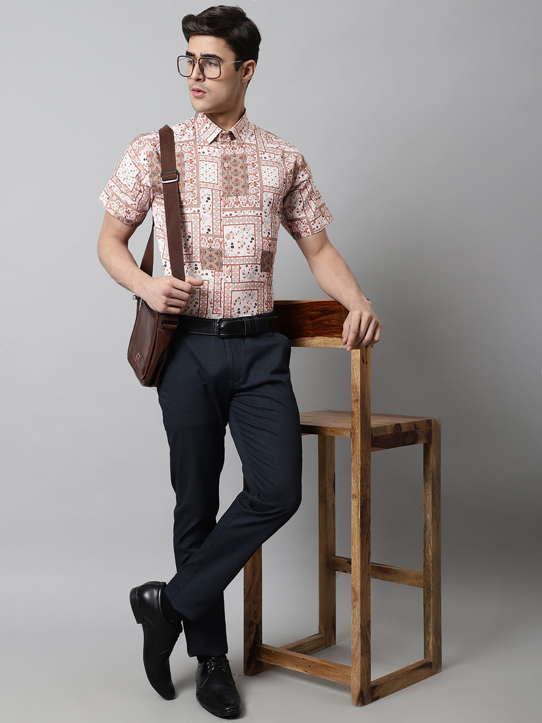 Jainish Men's Peach Classic Printed Formal Shirt - Peach | Grocsy