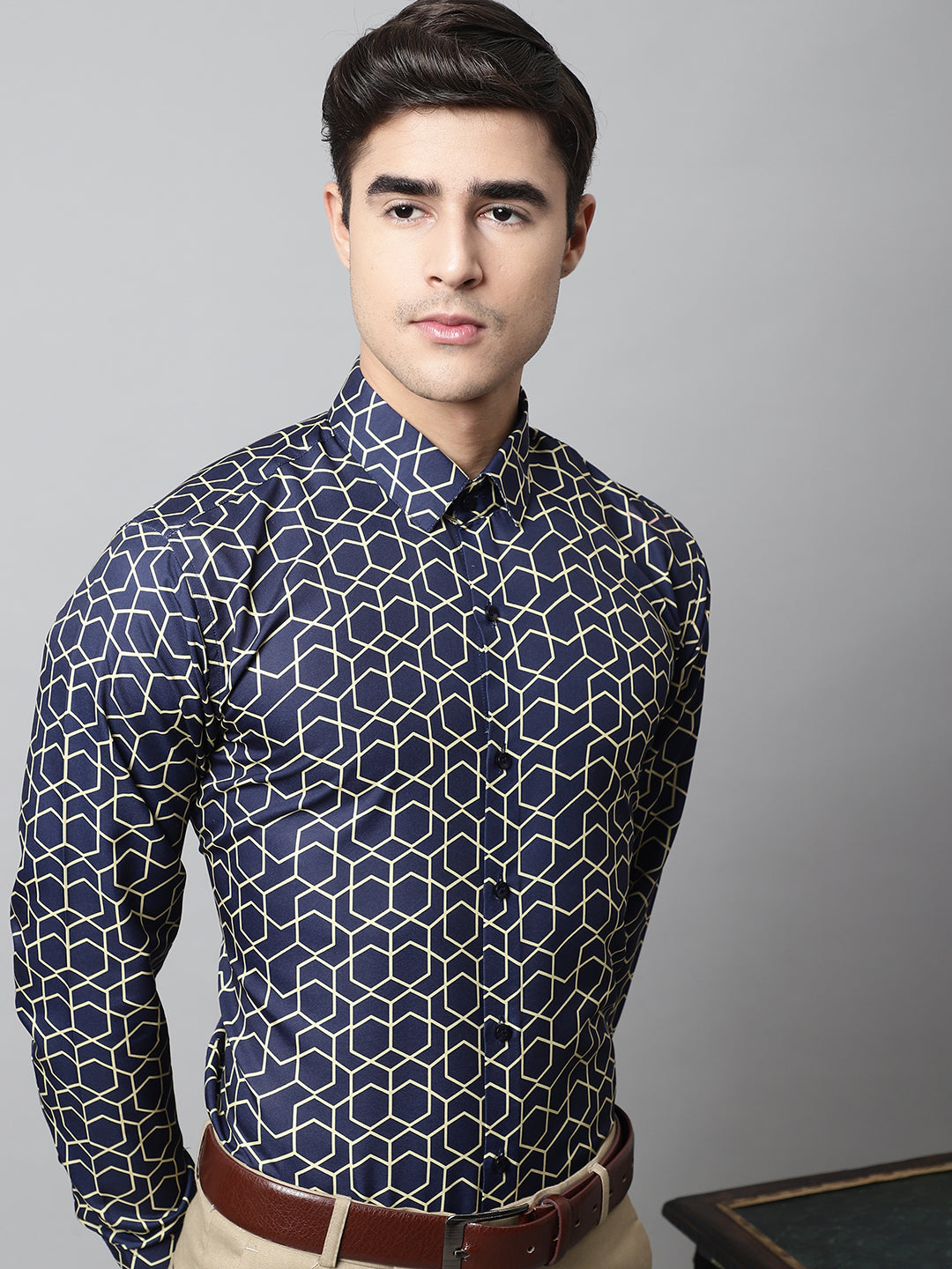 Jainish Men's Navy Blue Classic Printed Formal Shirt | Grocsy