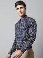 Jainish Men's Navy Blue Classic Printed Formal Shirt | Grocsy