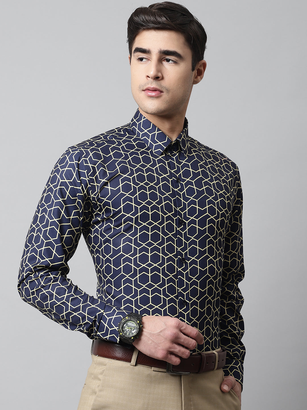 Jainish Men's Navy Blue Classic Printed Formal Shirt | Grocsy