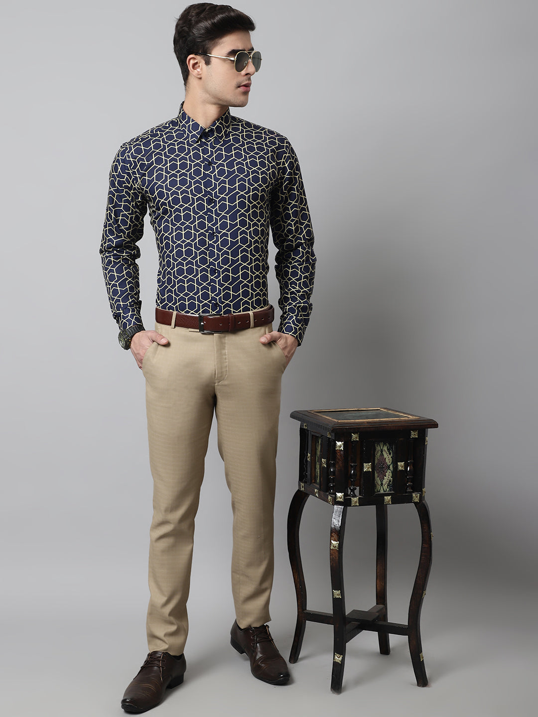 Jainish Men's Navy Blue Classic Printed Formal Shirt | Grocsy