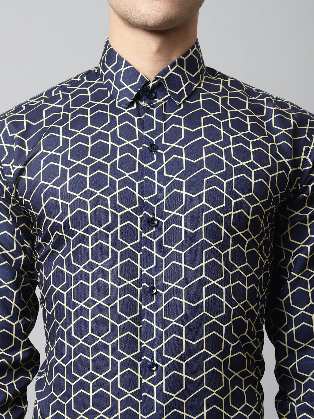 Jainish Men's Navy Blue Classic Printed Formal Shirt | Grocsy