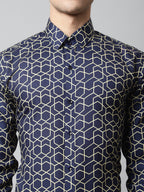 Jainish Men's Navy Blue Classic Printed Formal Shirt | Grocsy
